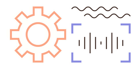 Gear alongside soundwave and signal lines conveys technology, audio processing, and innovation. Ideal for technology, communication, engineering, automation, sound analysis, integration simple flat