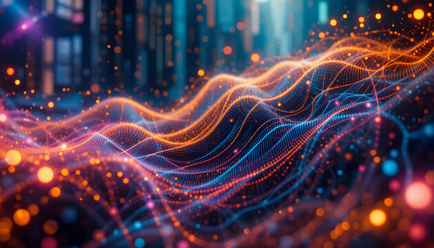 Abstract digital wave patterns with glowing lines and dots in blue  