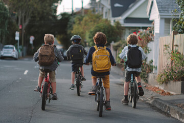 Fototapeta premium Elementary age students riding bicycles home from school