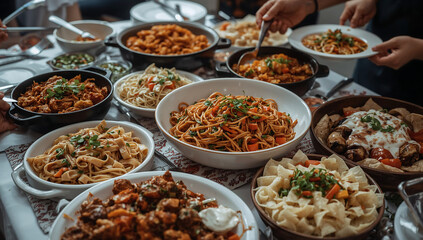 Obraz premium Photo of a delightful buffet spread featuring an assortment of pasta dishes perfect for a large gathering or celebratory event with friends and family