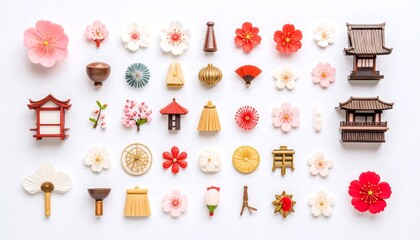 Assorted miniature japanese-inspired decorative objects arranged on a white background.