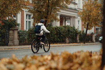 Student riding bicycle on autumn street