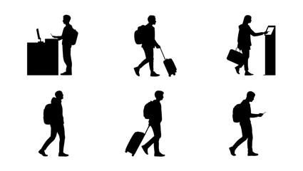 Fototapeta premium Six silhouettes depicting travelers with luggage and devices at an airport terminal setting area