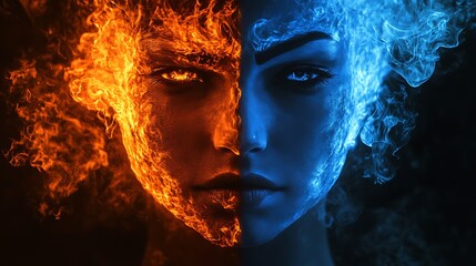 Fototapeta premium Stunning photo of a female face split in two halves with fire and ice elements