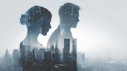 Future Technology with Man, Woman and Cityscape Double Exposure