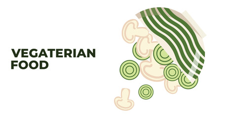 Fototapeta premium Vector illustrated web desktop banner of a plate with healthy vegetarian food. Gluten-free nutrition concept for posters, packaging, branding, and web design
