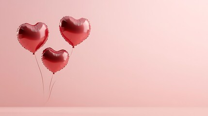 Three red heart shaped balloons floating in a soft pink studio photo concept celebration romance