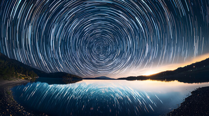 A tranquil lake with a stunning star trail reflecting the night sky in a serene natural setting