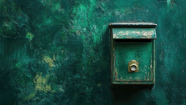 Antique green mailbox on textured teal wall - Powered by Adobe