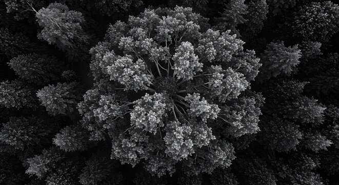 Aerial view of a dense forest with a large tree dominating the center in monochrome photography style