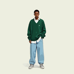 Naklejka premium Youthful Fashion Trend: Oversized Green Sweater and Loose-Fit Blue Jeans Capturing Contemporary Style with Casual Sneakers and Minimalist Aesthetic