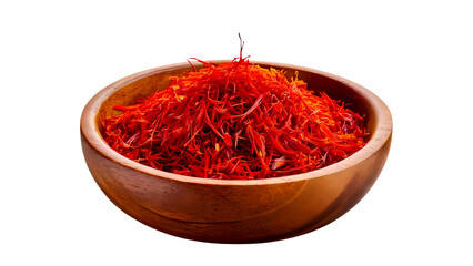 Fototapeta premium Spices of saffron flowers in a wooden bowl, cut out