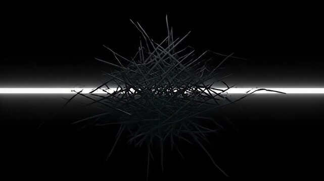 Unraveling Chaos: Abstract Dark Lines Transforming - A dark, chaotic mass of sharp lines slowly and smoothly untangles, revealing a sleek, glowing form.