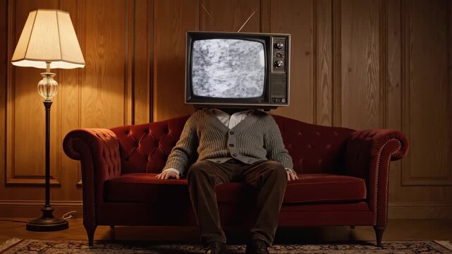 Vintage TV Head Man on Cozy Couch - A surreal video of a man with a vintage television for a head sits comfortably on a plush red velvet couch in a dimly lit room with wood paneling.