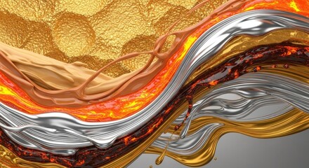 Abstract swirling waves of molten gold, silver, and fiery lava, creating a luxurious and dynamic metallic texture