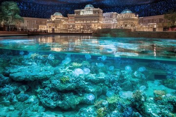 Obraz premium Grand building reflected in a transparent pool, with an underwater coral reef and jellyfish visible beneath the surface