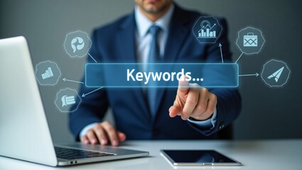 A man in a suit presses a “Keywords...” button, with digital icons (charts, messaging, etc.) connected, representing SEO or digital marketing.