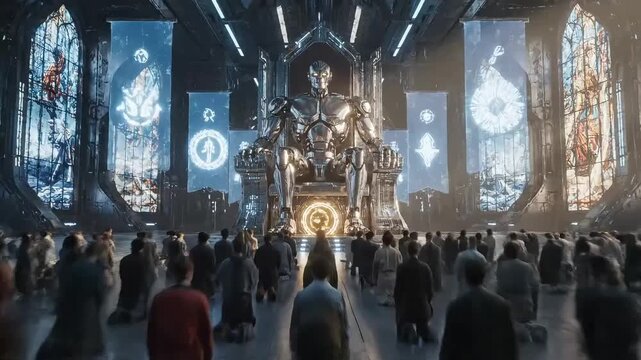 People of the future kneeling, worship a huge robot sitting on a throne. Evolution of religion in future.