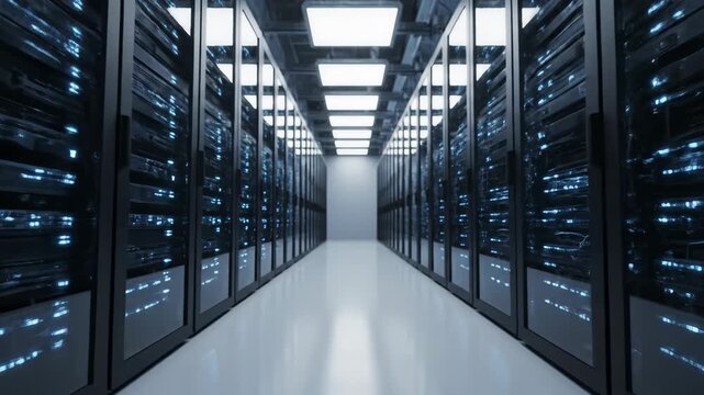 Modern Data Center Server Room - Rows of sleek black server racks line a brightly lit data center hallway.