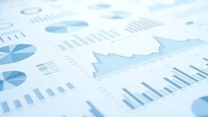 Blue and white data charts (pie, bar, line graphs) on paper, representing business or statistical analysis.