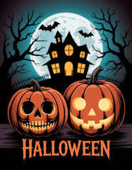 Halloween pumpkins with skull face and classic jack-o’-lantern in front of full moon and haunted house