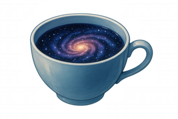 Blue cup containing a swirling galaxy with transparent background, perfect for space, astronomy, and coffee lovers