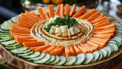 A platter of hummus, carrots, and cucumber slices arranged in a circular pattern