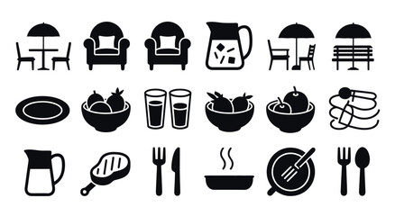 WebIllustration of restaurant and dining related icons isolated on white background, featuring tables, chairs, armchairs, pitchers, plates, bowls, fruits, utensils, and various food items