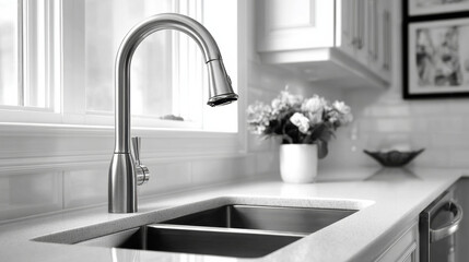 A kitchen sink with a stainless steel faucet and a black and white picture of a sink isolated on white background 
