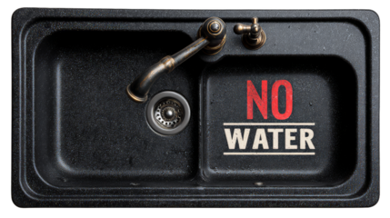 A black sink with a faucet that says quot no water quot isolated on white background