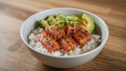 Photo of a delicious poke bowl featuring fresh tuna avocado and rice is presented on a wooden table ready to be eaten
