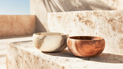 Two wooden bowls made of sandstone are placed on a stone platform.