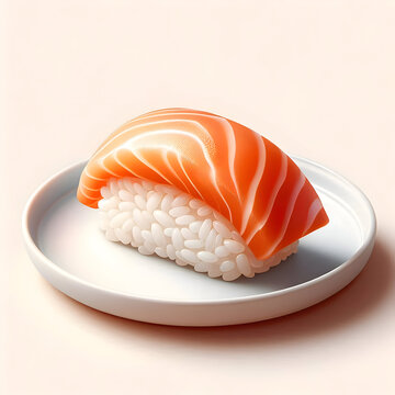 Single piece of salmon nigiri on a small white plate, ultra realistic details of glossy salmon and soft rice texture, minimal pastel beige background, elegant and clean composition &mdash; high resolution