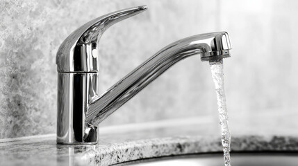 Modern kitchen faucet mounted on the sink of stone isolated on white background 