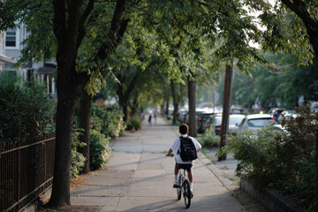Naklejka premium Elementary age student riding bicycle on sidewalk going to school