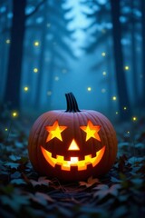 Spooky Jack O Lantern Halloween Pumpkin Glowing in a Dark Forest with Magical Lights