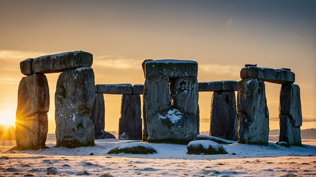 Stonehenge monument at sunrise with dramatic sky and winter landscape generative ai