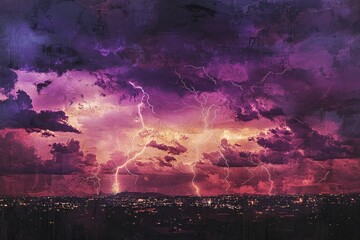 Dramatic lightning storm over a city at night.  Clouds are a mix of purple, pink, and orange, with bright flashes of lightning illuminating the scene. City lights are visible below