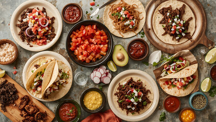 Photo of overhead shot of a variety of delicious tacos and toppings arranged on a rustic table ready to be served