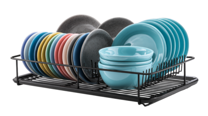  Modern twotier black dish drying rack with plates and cutler isolated on white background