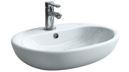 Modern white oval vessel sink with chrome faucet isolated on white background