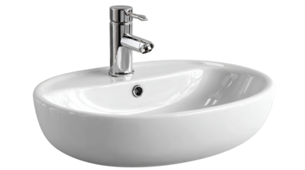 Modern white oval vessel sink with chrome faucet isolated on white background