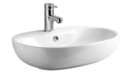 Modern white oval vessel sink with chrome faucet isolated on white background