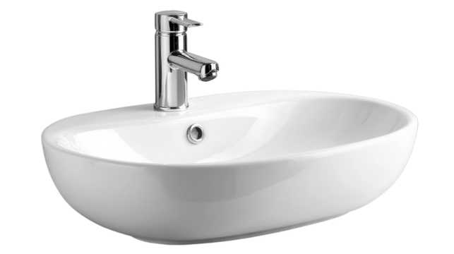 Modern white oval vessel sink with chrome faucet isolated on white background