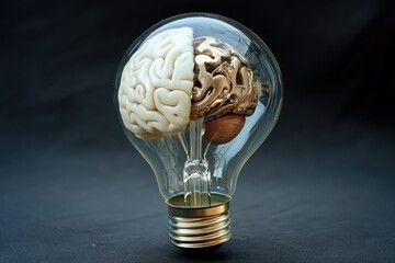 A lightbulb, meticulously crafted, houses two halves of a brain.  The left hemisphere is white, the right is gold.  