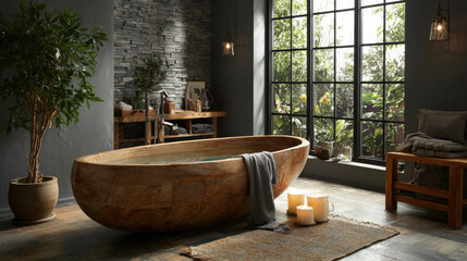 Relaxing freestanding tub with wooden stand 