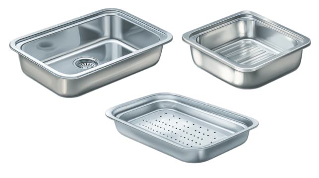 Realistic metal sink icon set three different metal sinks with a drying area isolated on a white background