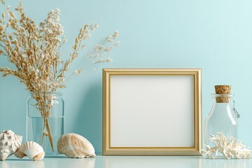 Gold frame on a teal background, with dried flowers, seashells, and glass jars
