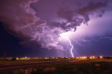 Dramatic lightning storm over a town at night.  Massive, purple-hued clouds fill the sky, with a vibrant lightning bolt striking through them.  