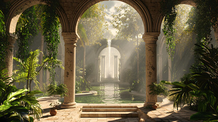 Fototapeta premium Lush garden featuring a charming fountain surrounded by colorful flowers and greenery